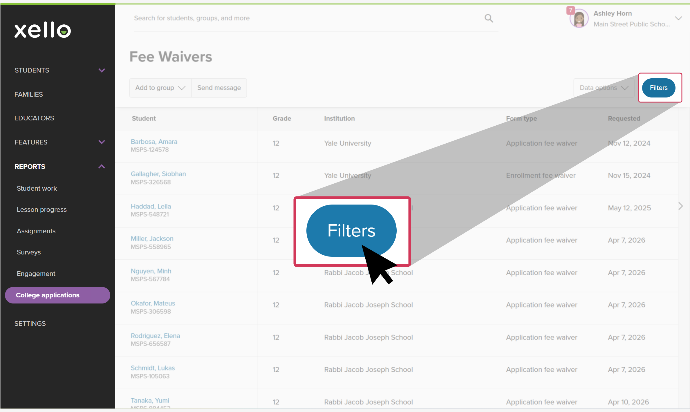 On the Fee Waivers report page, the cursor is clicking Filters to narrow the list. 